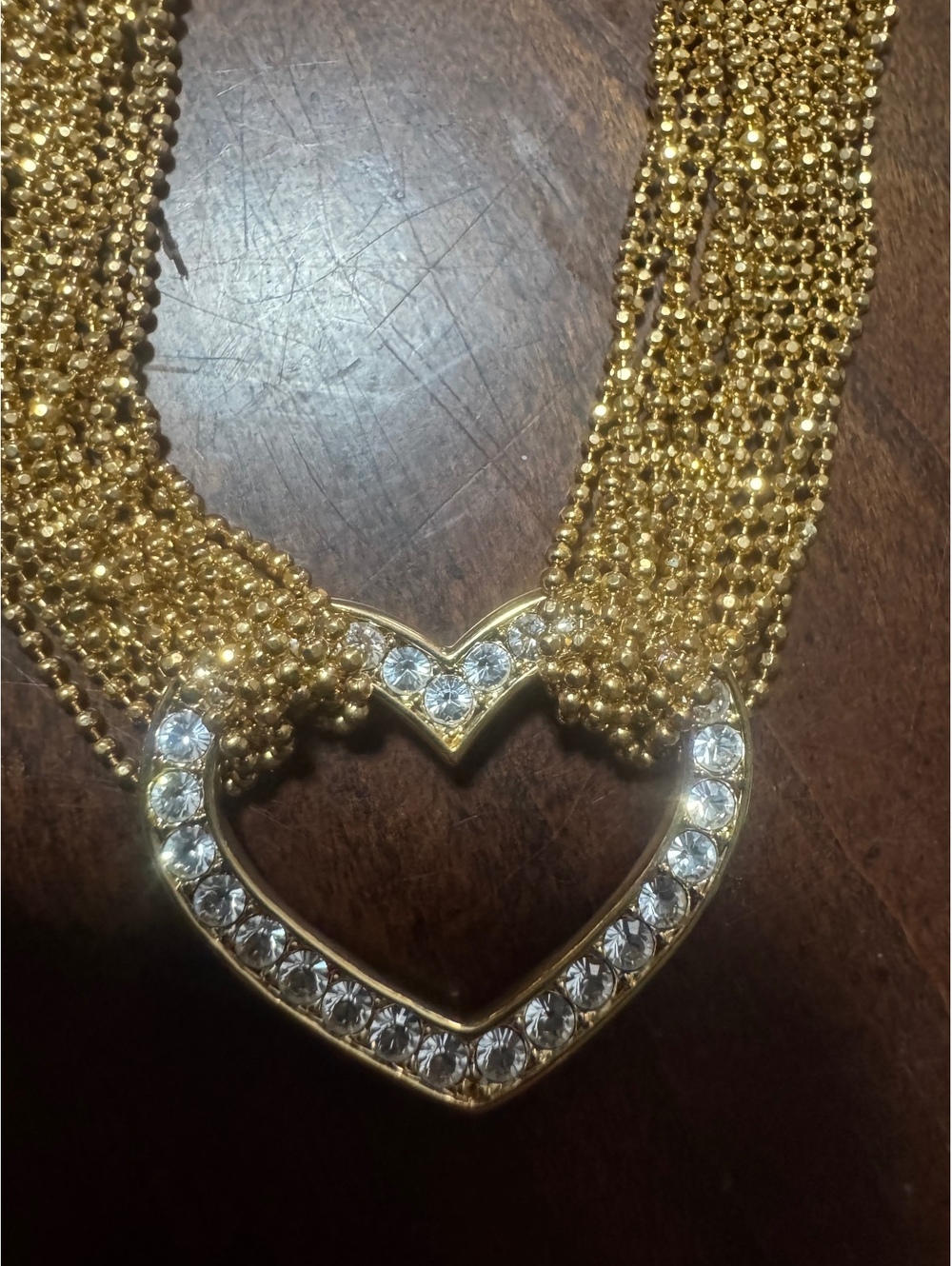 Nolan Miller Gold Tone Multi-Strand Heart Pendant Necklace Clear Rhinestones